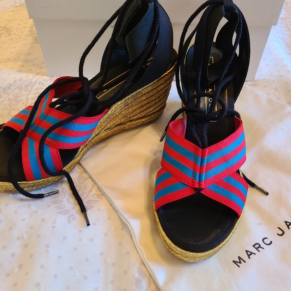 MARC JACOBS DANI ESPADRILLE BLU/RED WEDGE SANDAL - Picture 2 of 11
